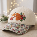 Sleeping Fox Christmas Candy Cane Holly Berries Pine Embroidered Floral & Leopard Brim Hat