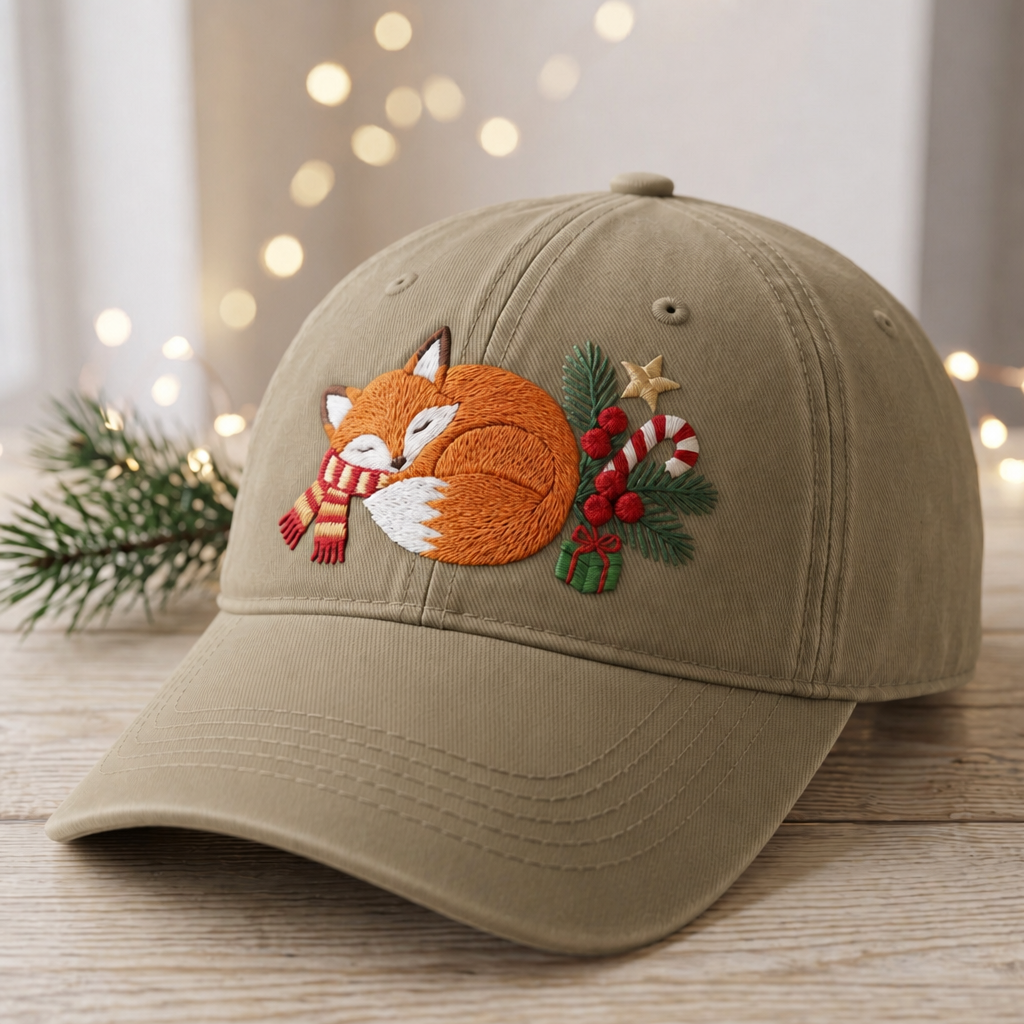 Sleeping Fox Christmas Candy Cane Holly Berries Pine Embroidered Hat
