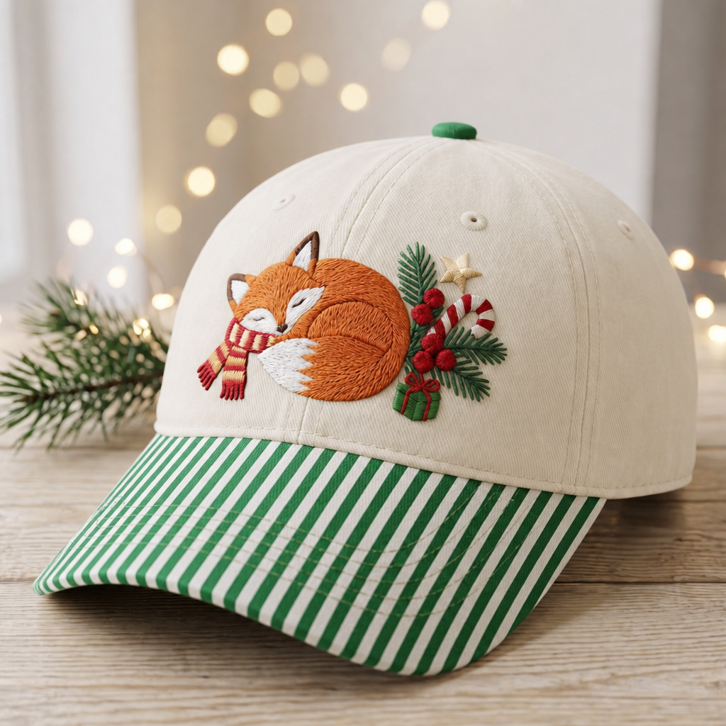 Sleeping Fox Christmas Candy Cane Holly Berries Pine Embroidered Gingham & Stripe Brim Hat