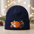 Sleeping Fox Christmas Candy Cane Holly Berries Pine Embroidered Beanie