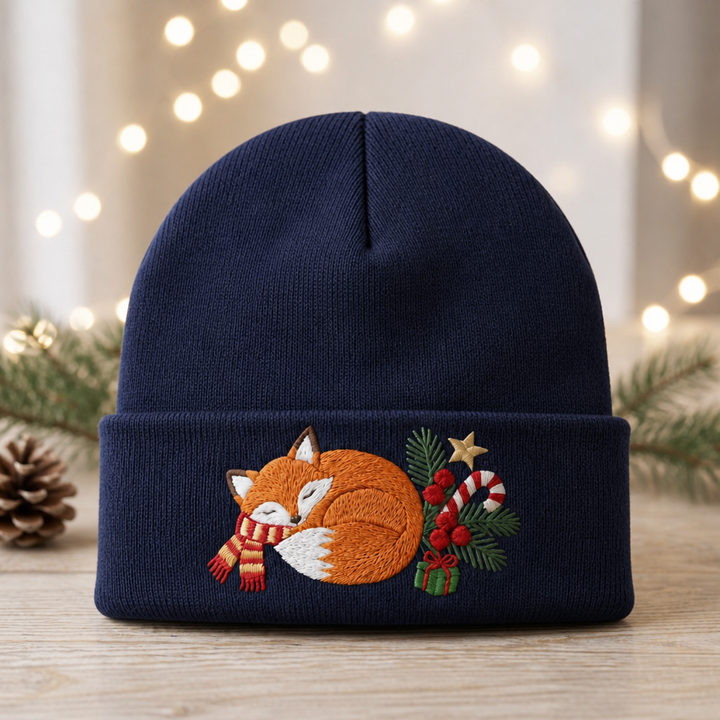 Sleeping Fox Christmas Candy Cane Holly Berries Pine Embroidered Beanie