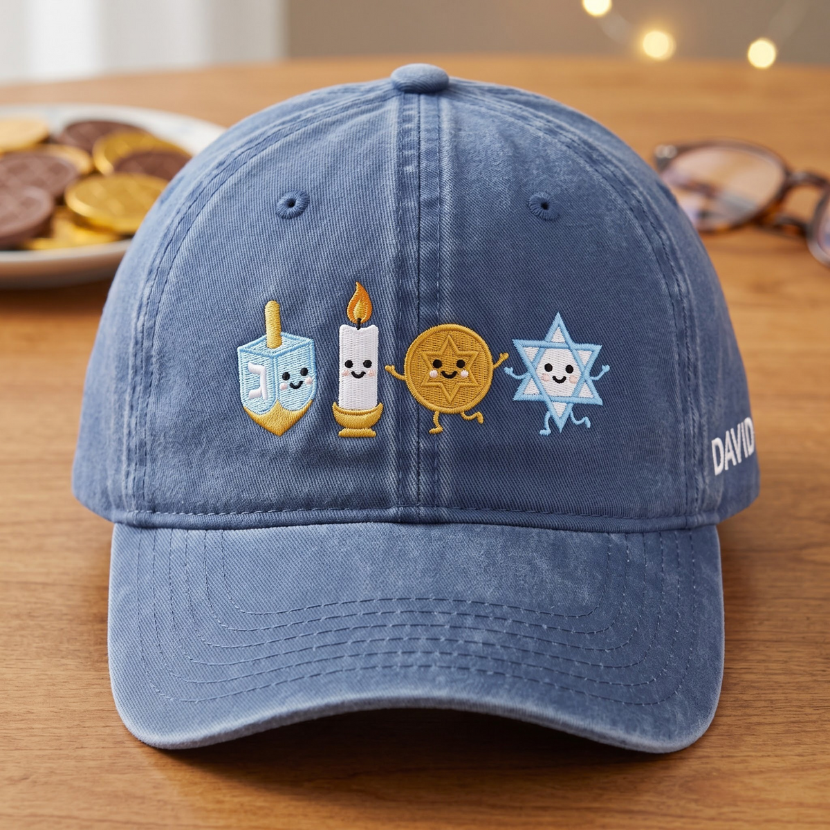 Personalized Hanukkah Dreidel Candle Gelt Star of David Cute Characters Embroidered Hat — Washed Hat