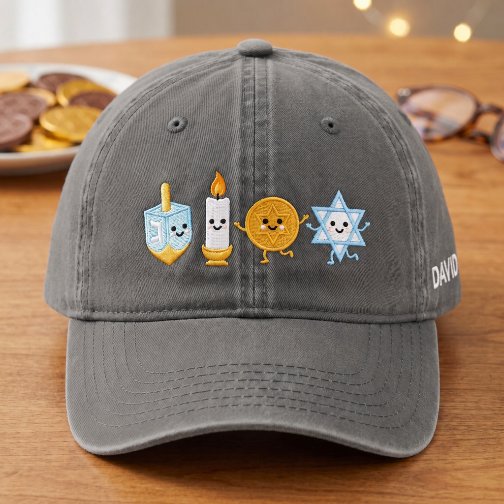 Personalized Hanukkah Dreidel Candle Gelt Star of David Cute Characters Embroidered Hat