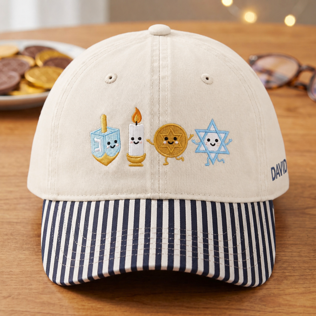 Personalized Hanukkah Dreidel Candle Gelt Star of David Cute Characters Embroidered Gingham & Stripe Brim Hat