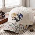Personalized Three Dragons Fantasy Mythical Creatures Embroidered Floral & Leopard Brim Hat