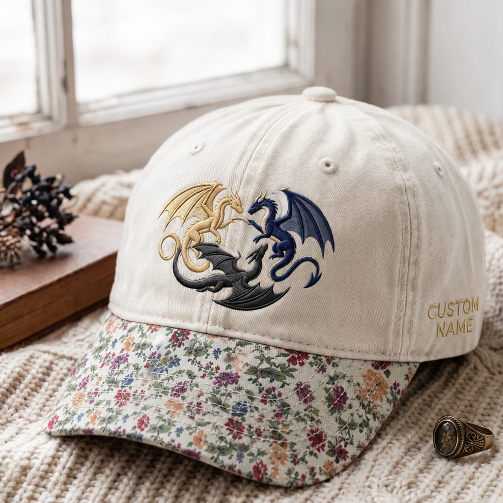 Personalized Three Dragons Fantasy Mythical Creatures Embroidered Floral & Leopard Brim Hat