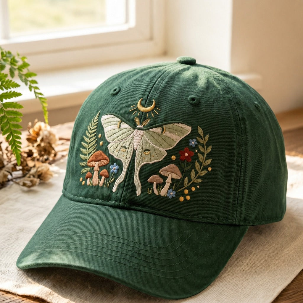 Personalized Luna Moth Mushroom Wildflower Moon Cottagecore Embroidered Hat — Baseball Cap