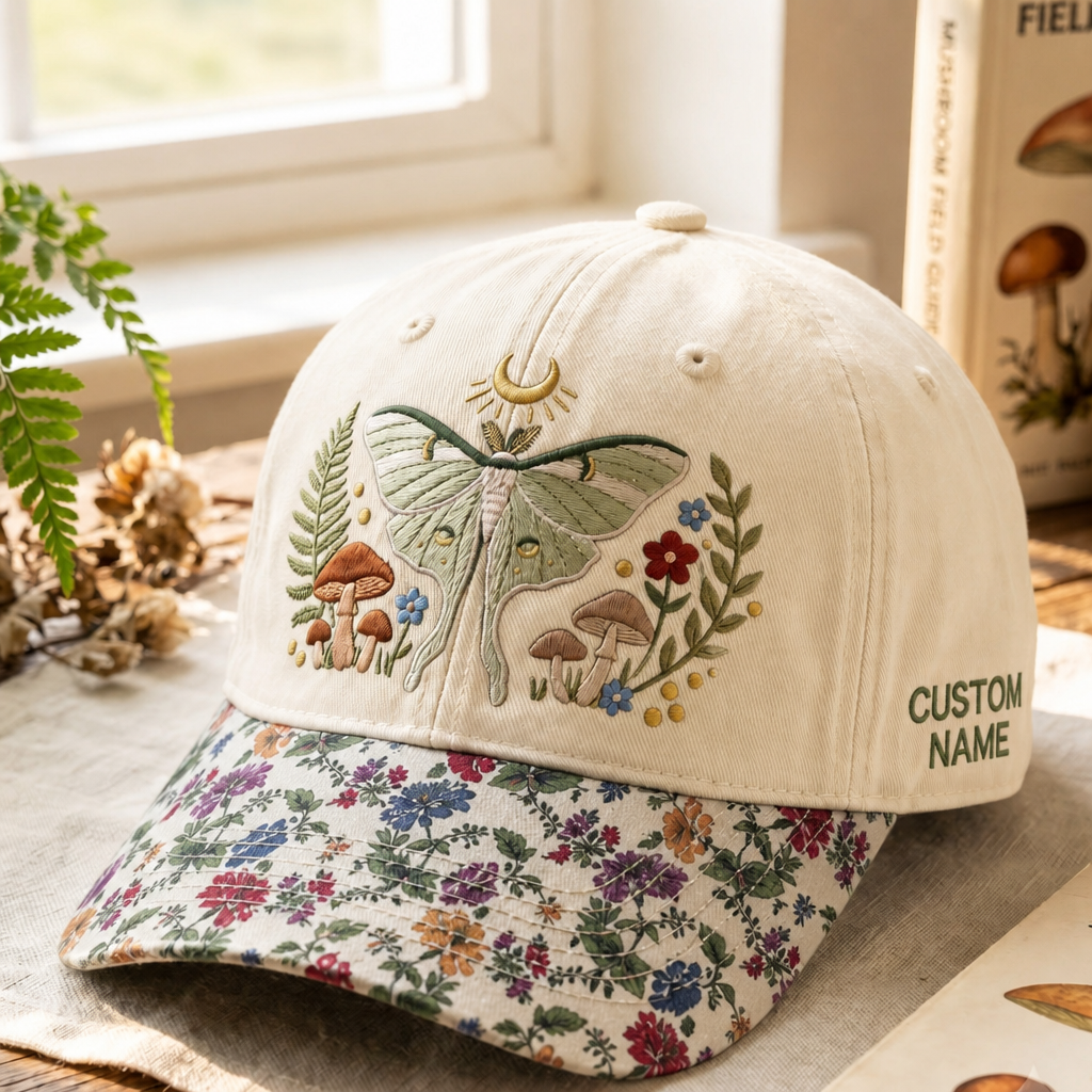 Personalized Luna Moth Mushroom Wildflower Moon Cottagecore Embroidered Floral & Leopard Brim Hat