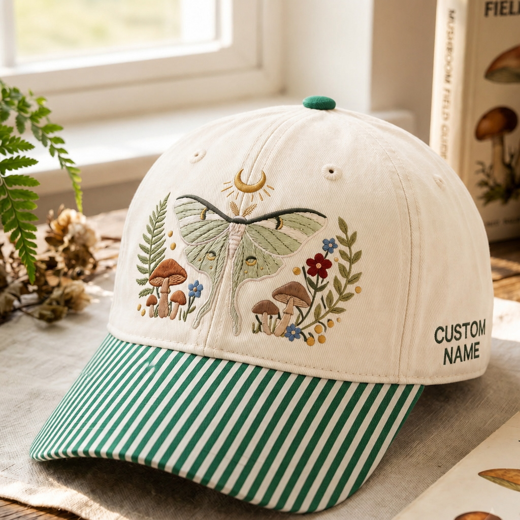 Personalized Luna Moth Mushroom Wildflower Moon Cottagecore Embroidered Gingham & Stripe Brim Hat