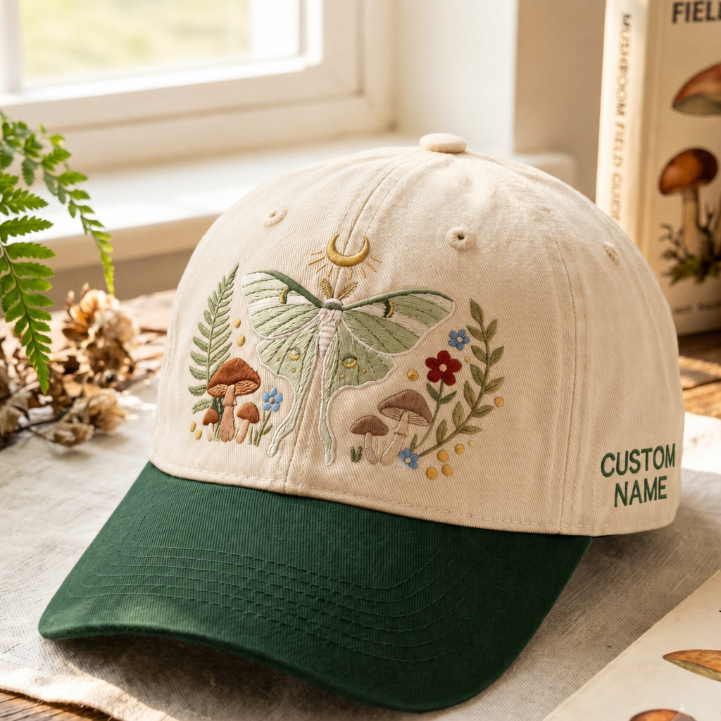 Personalized Luna Moth Mushroom Wildflower Moon Cottagecore Embroidered Two-Tone Hat