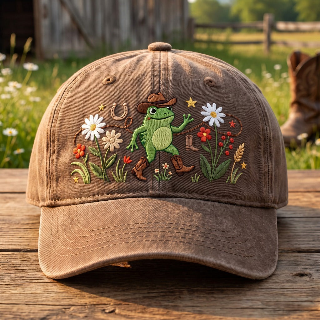 Personalized Cowboy Frog Wildflowers Horseshoe Dancing Embroidered Hat — Washed Hat