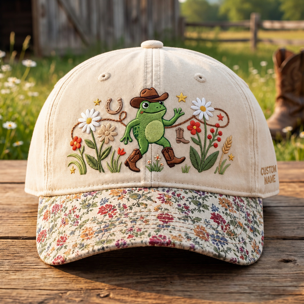 Personalized Cowboy Frog Wildflowers Horseshoe Dancing Embroidered Floral & Leopard Brim Hat