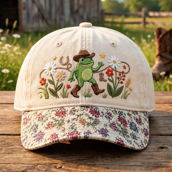 Personalized Cowboy Frog Wildflowers Horseshoe Dancing Embroidered Floral & Leopard Brim Hat