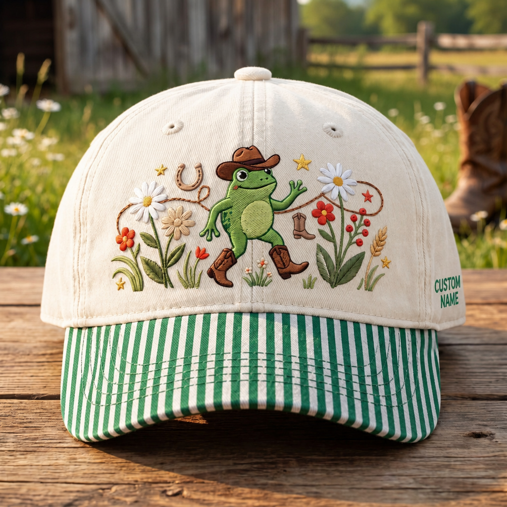 Personalized Cowboy Frog Wildflowers Horseshoe Dancing Embroidered Gingham & Stripe Brim Hat