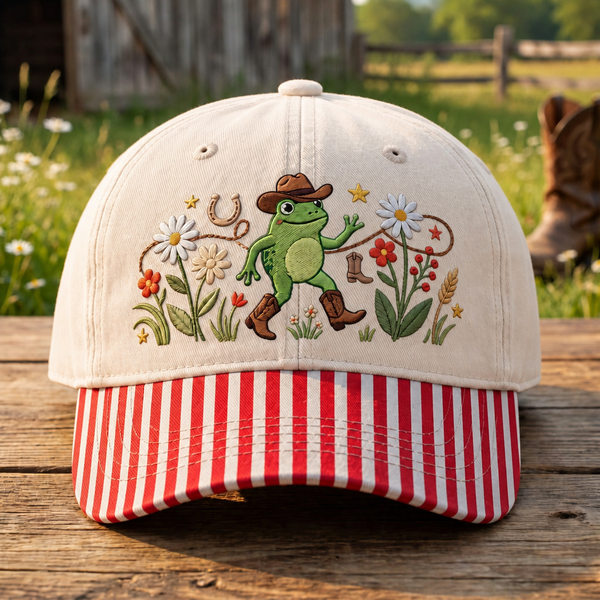 Personalized Cowboy Frog Wildflowers Horseshoe Dancing Embroidered Gingham & Stripe Brim Hat