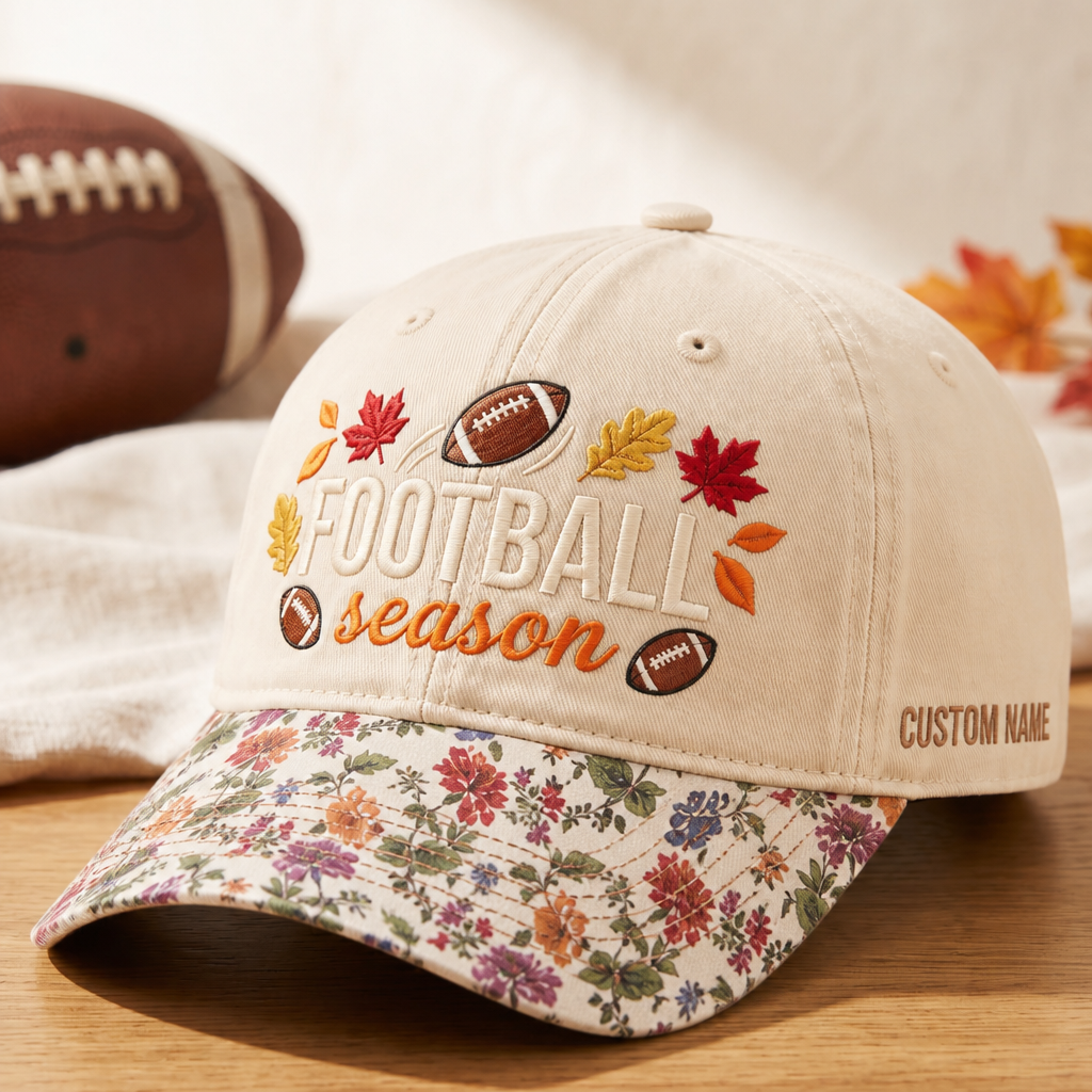 Personalized Football Season Fall Leaves Custom Name Embroidered Floral & Leopard Brim Hat