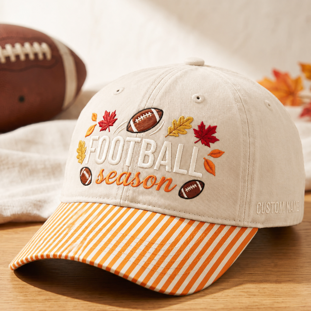 Personalized Football Season Fall Leaves Custom Name Embroidered Gingham & Stripe Brim Hat