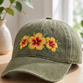 Personalized Tropical Yellow Hibiscus Trio Floral Custom Name Embroidered Hat — Washed Hat