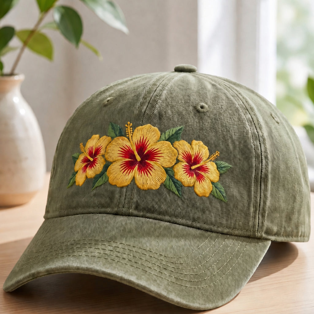 Personalized Tropical Yellow Hibiscus Trio Floral Custom Name Embroidered Hat — Washed Hat