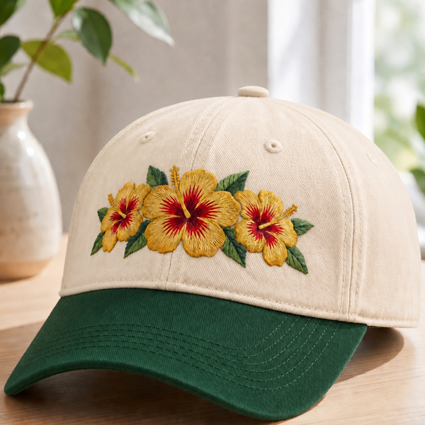 Personalized Tropical Yellow Hibiscus Trio Floral Custom Name Embroidered Two-Tone Hat