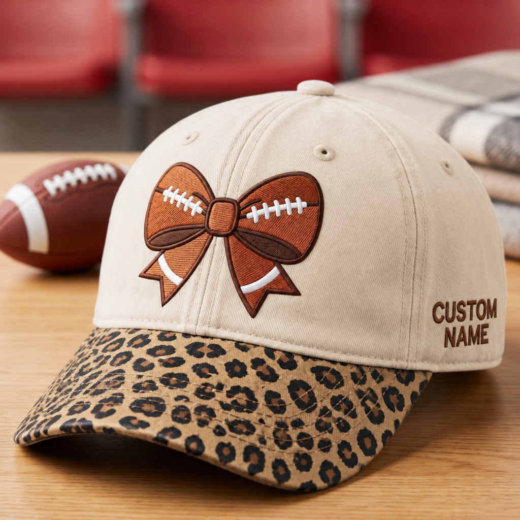 Personalized Football Bow Coquette Game Day Embroidered Floral & Leopard Brim Hat