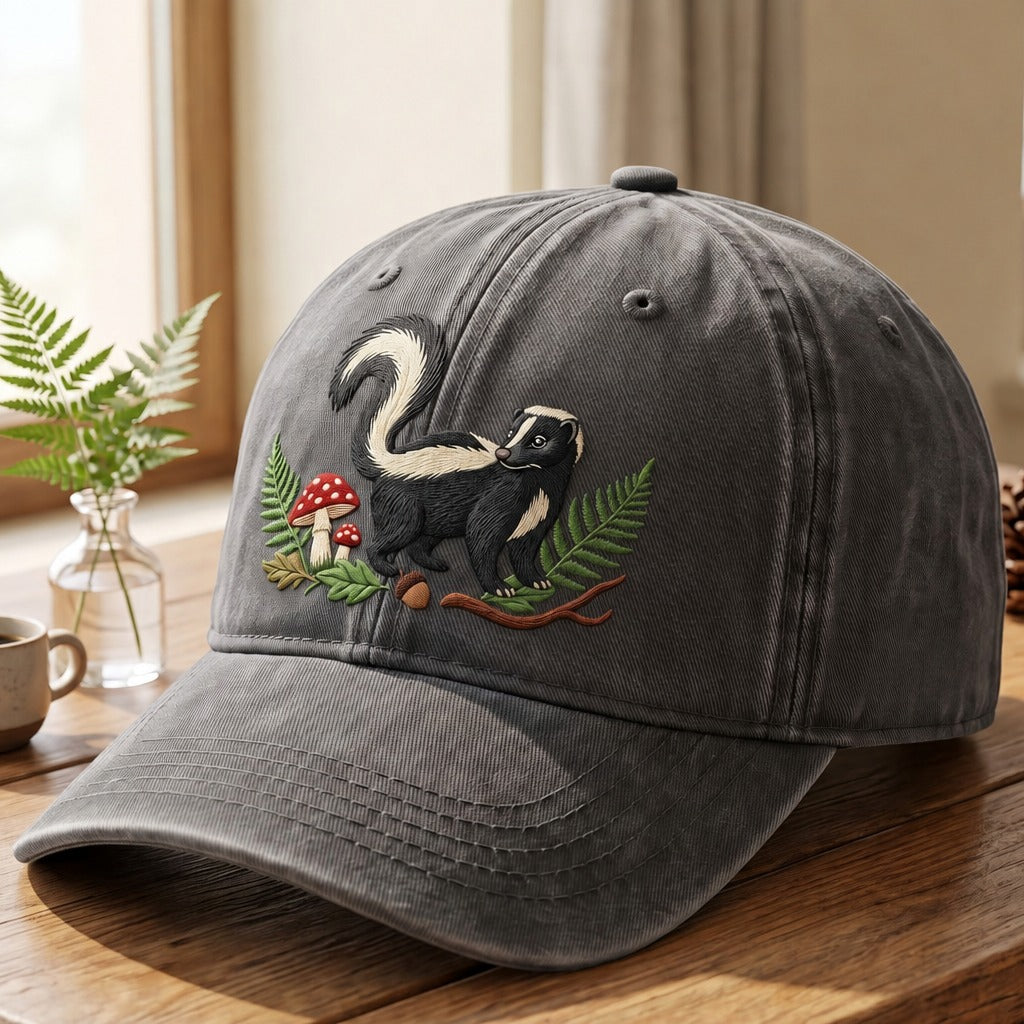 Personalized Skunk Mushroom Fern Forest Woodland Embroidered Hat — Washed Hat