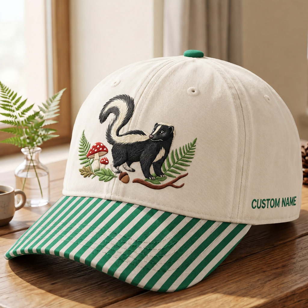 Personalized Skunk Mushroom Fern Forest Woodland Embroidered Gingham & Stripe Brim Hat