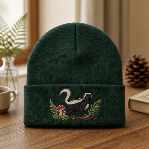 Personalized Skunk Mushroom Fern Forest Woodland Embroidered Beanie