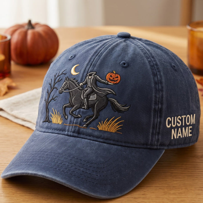 Personalized Headless Horseman Pumpkin Halloween Washed Embroidered Hat