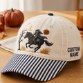 Personalized Headless Horseman Pumpkin Halloween Washed Embroidered Gingham & Stripe Brim Hat