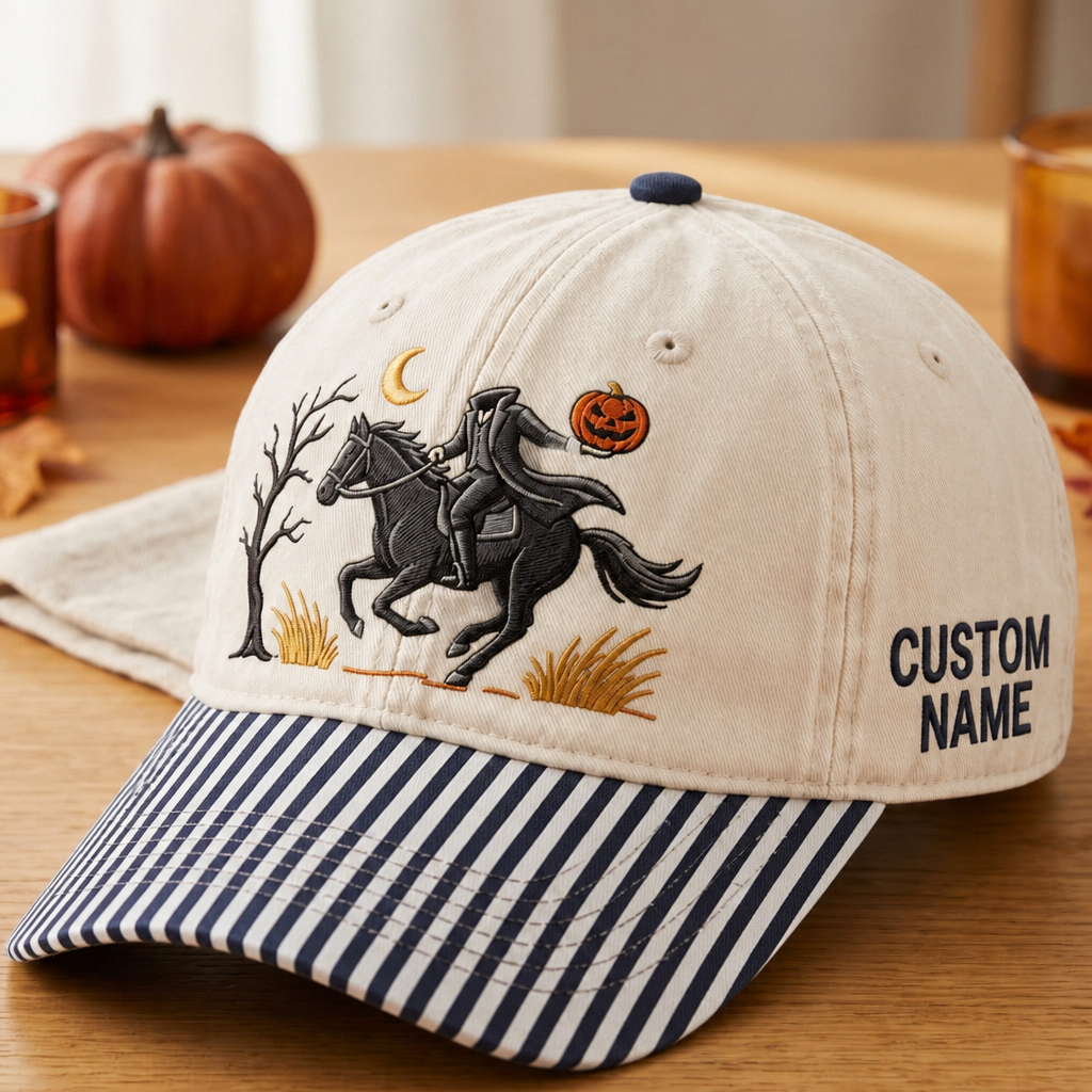 Personalized Headless Horseman Pumpkin Halloween Washed Embroidered Gingham & Stripe Brim Hat