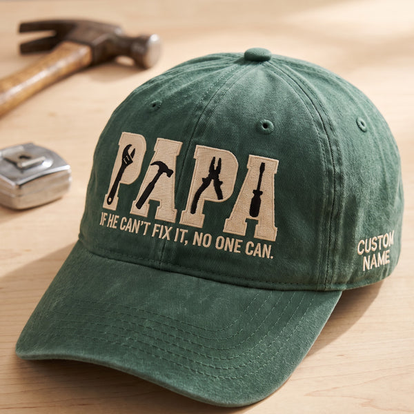 Personalized Papa If He Can't Fix It No One Can Tools embroidered two-tone hat — front view