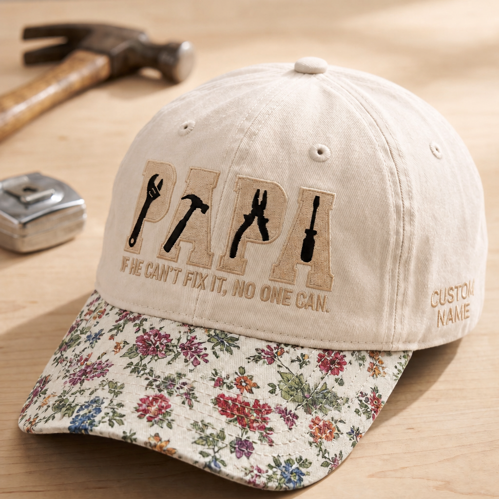 Personalized Papa If He Can't Fix It No One Can Tools Embroidered Floral & Leopard Brim Hat