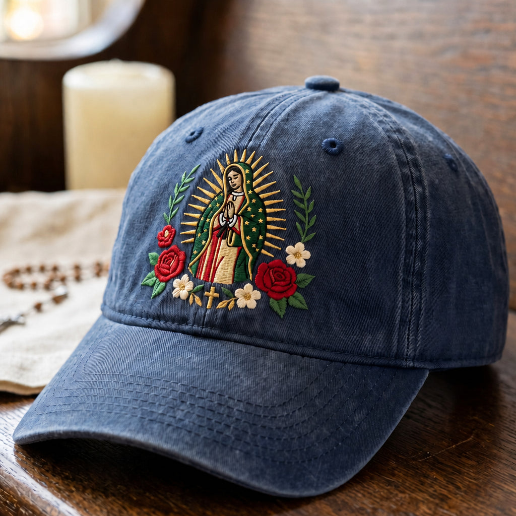 Personalized Our Lady of Guadalupe Roses Cross Faith Embroidered Hat — Washed Hat