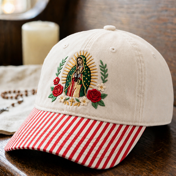 Personalized Our Lady of Guadalupe Roses Cross Faith Embroidered Gingham & Stripe Brim Hat