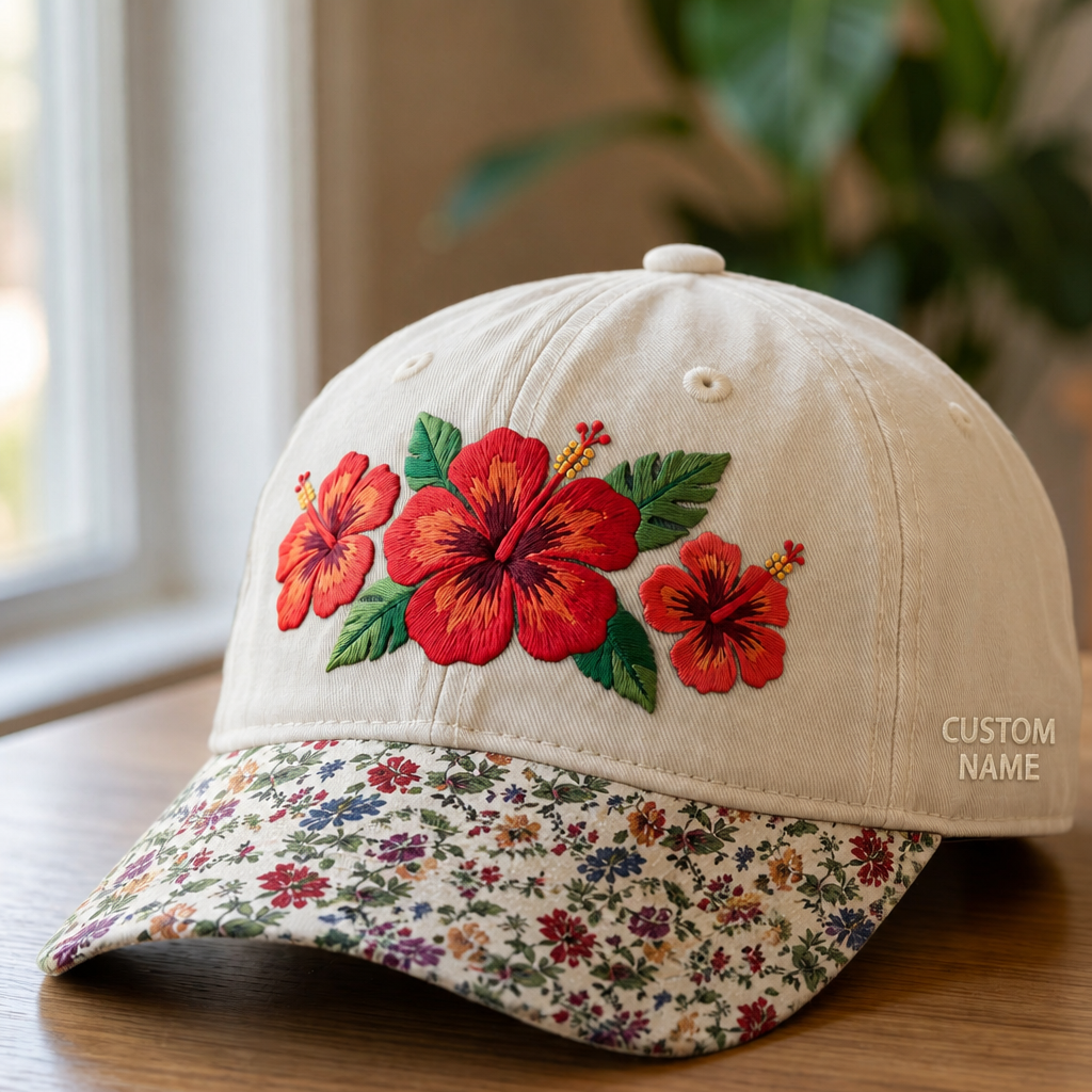 Personalized Tropical Hibiscus Floral Three Flowers Custom Name Embroidered Floral & Leopard Brim Hat