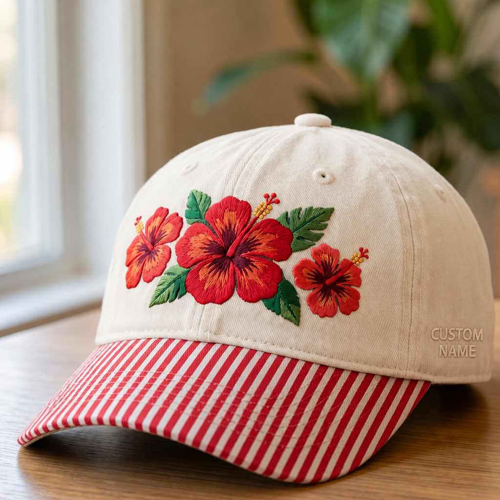 Personalized Tropical Hibiscus Floral Three Flowers Custom Name Embroidered Gingham & Stripe Brim Hat