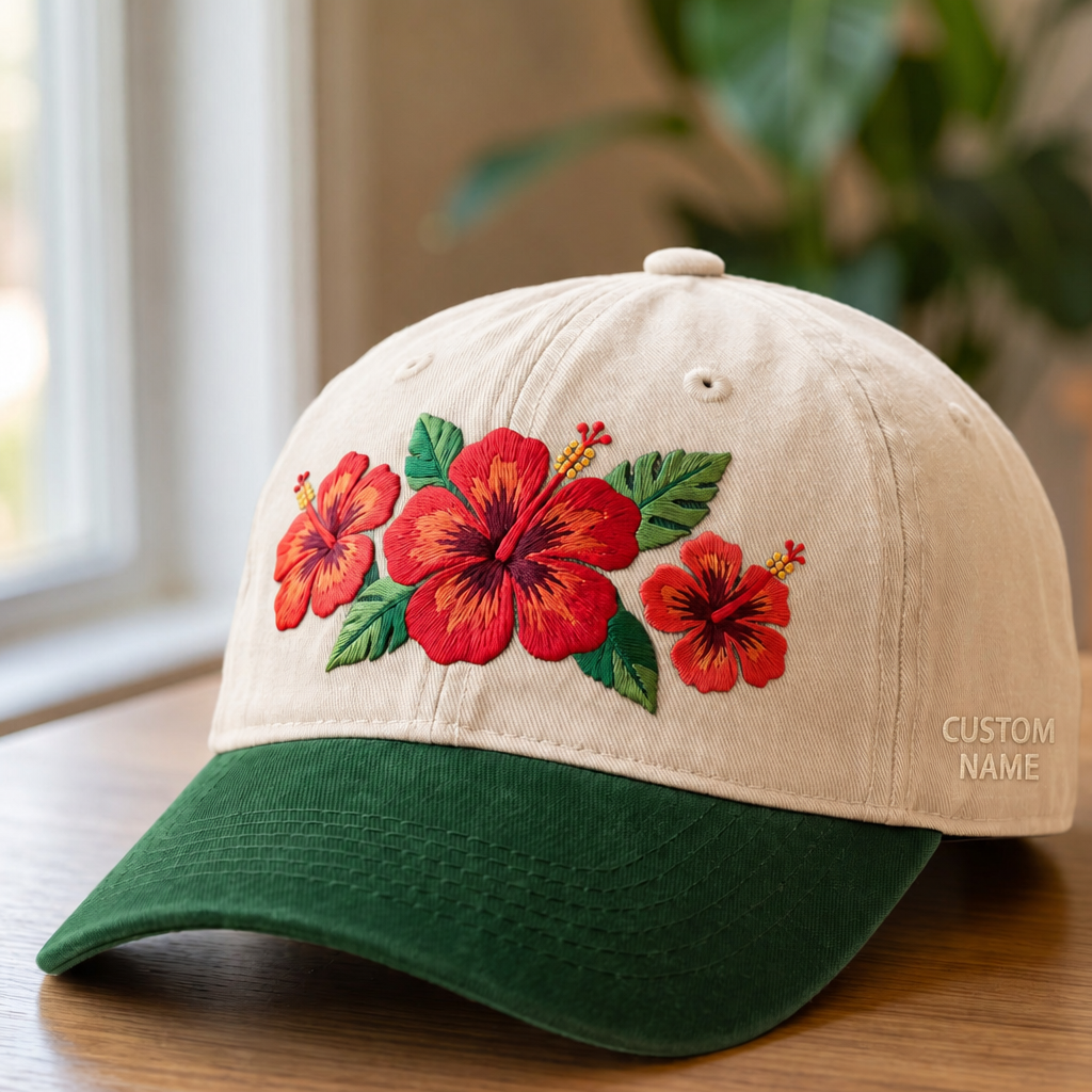 Personalized Tropical Hibiscus Floral Three Flowers Custom Name Embroidered Two-Tone Hat