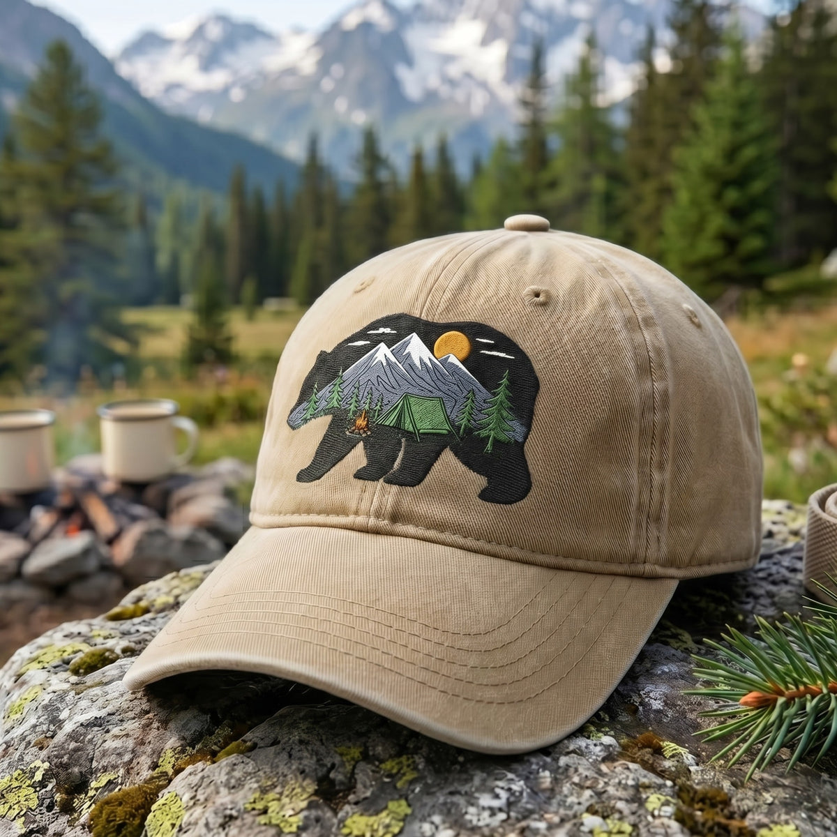Bear Mountain Camping Tent Campfire Wilderness Embroidered Hat — Baseball Cap