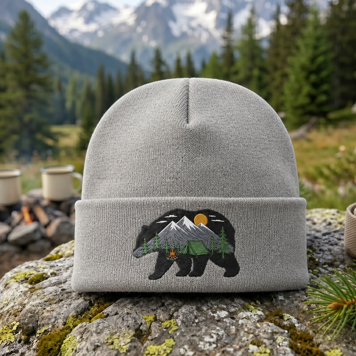 Bear Mountain Camping Tent Campfire Wilderness Embroidered Beanie