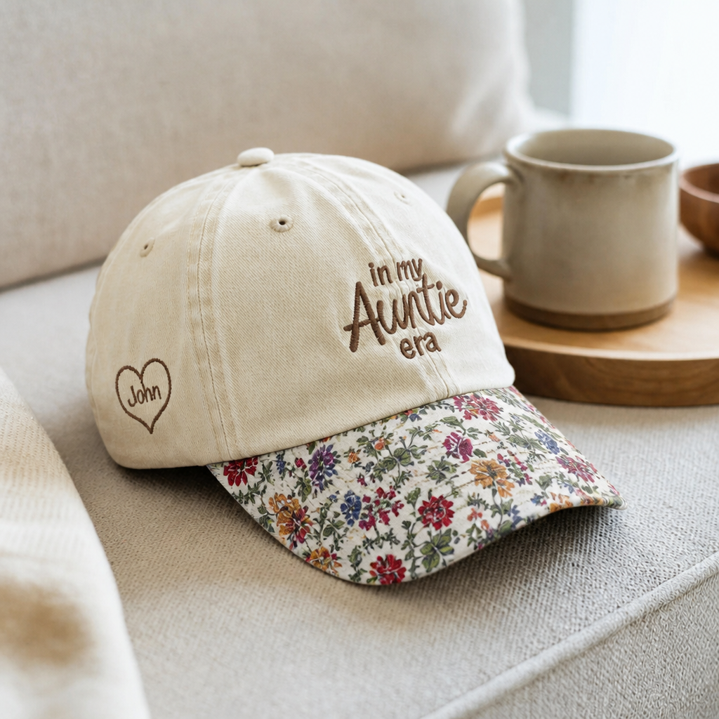 Personalized In My Auntie Era Kids Names Heart Side Embroidered Floral & Leopard Brim Hat