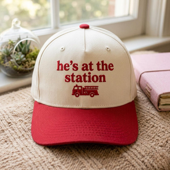 He's At The Station Firefighter Wife Fire Truck Embroidered Hat — Baseball Cap