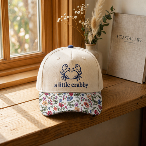 A Little Crabby Cute Crab Coastal Summer Embroidered Floral & Leopard Brim Hat