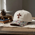 Christian Cross Minimalist Faith Embroidered Floral & Leopard Brim Hat