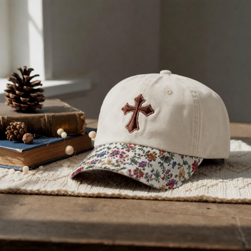 Christian Cross Minimalist Faith Embroidered Floral & Leopard Brim Hat