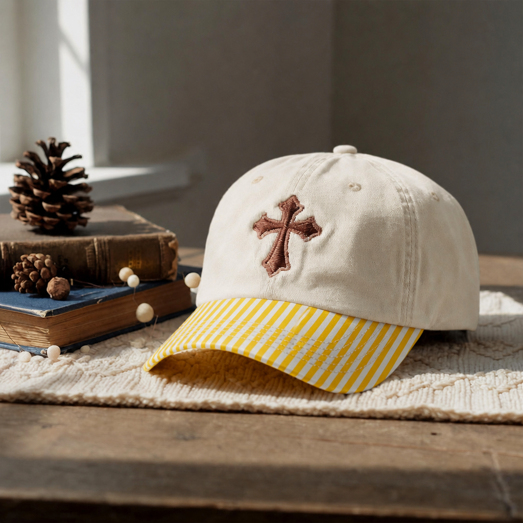 Christian Cross Minimalist Faith Embroidered Gingham & Stripe Brim Hat