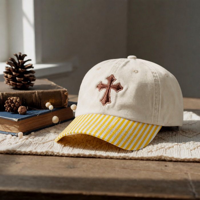Christian Cross Minimalist Faith Embroidered Gingham & Stripe Brim Hat
