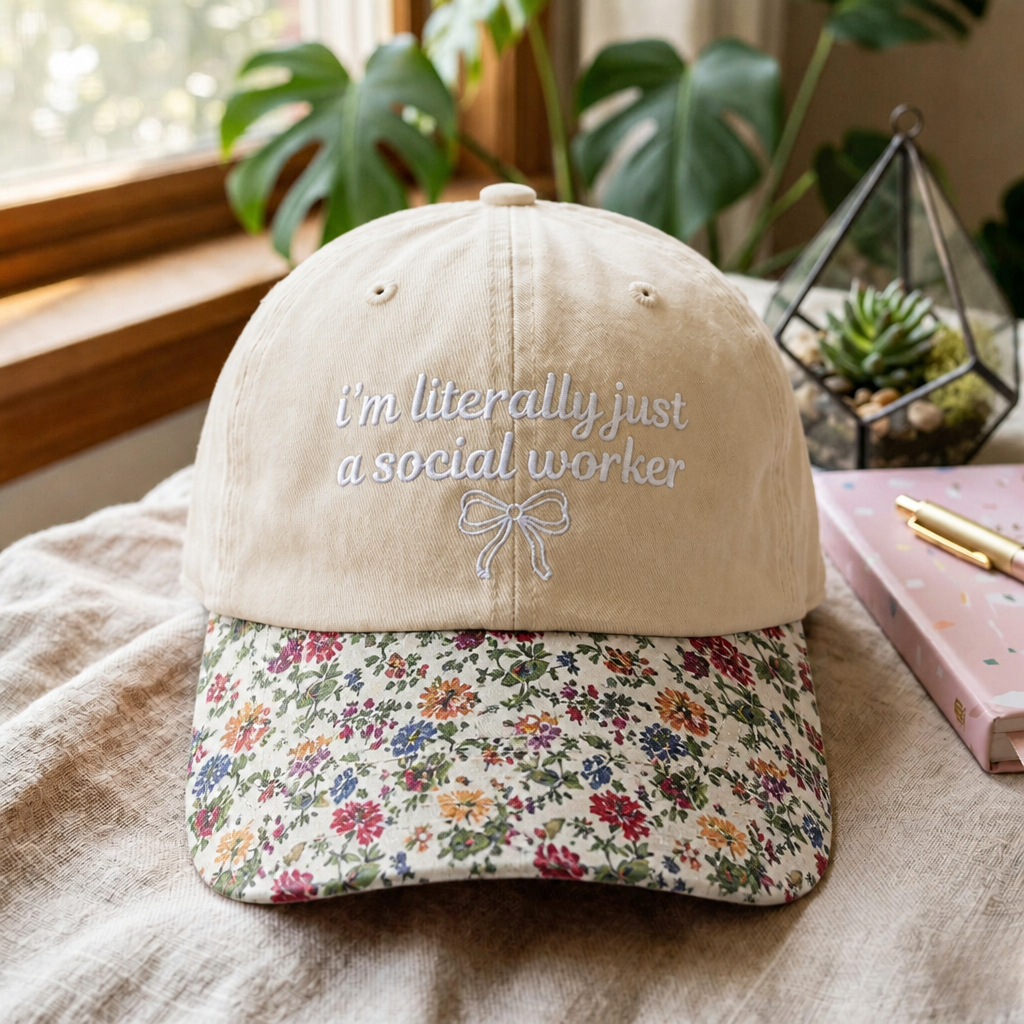 I'm Literally Just a Social Worker Coquette Bow Embroidered Floral & Leopard Brim Hat