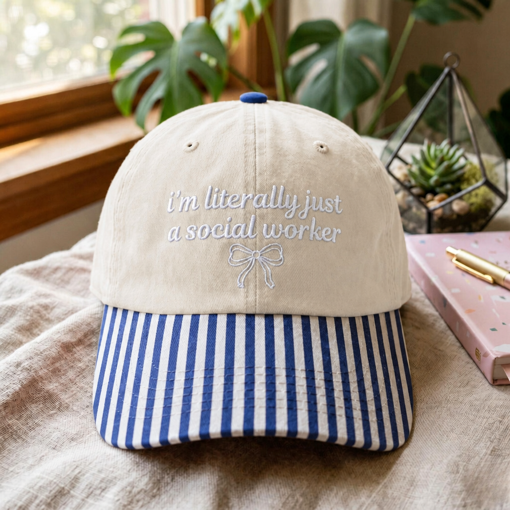 I'm Literally Just a Social Worker Coquette Bow Embroidered Gingham & Stripe Brim Hat