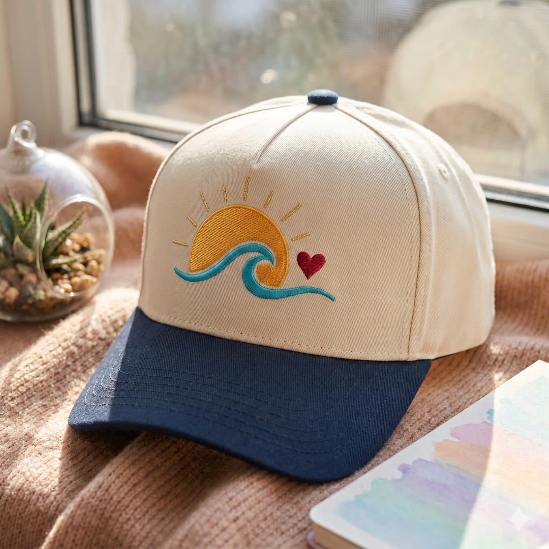 Sun Waves Heart Minimalist Beach Embroidered Hat — Baseball Cap